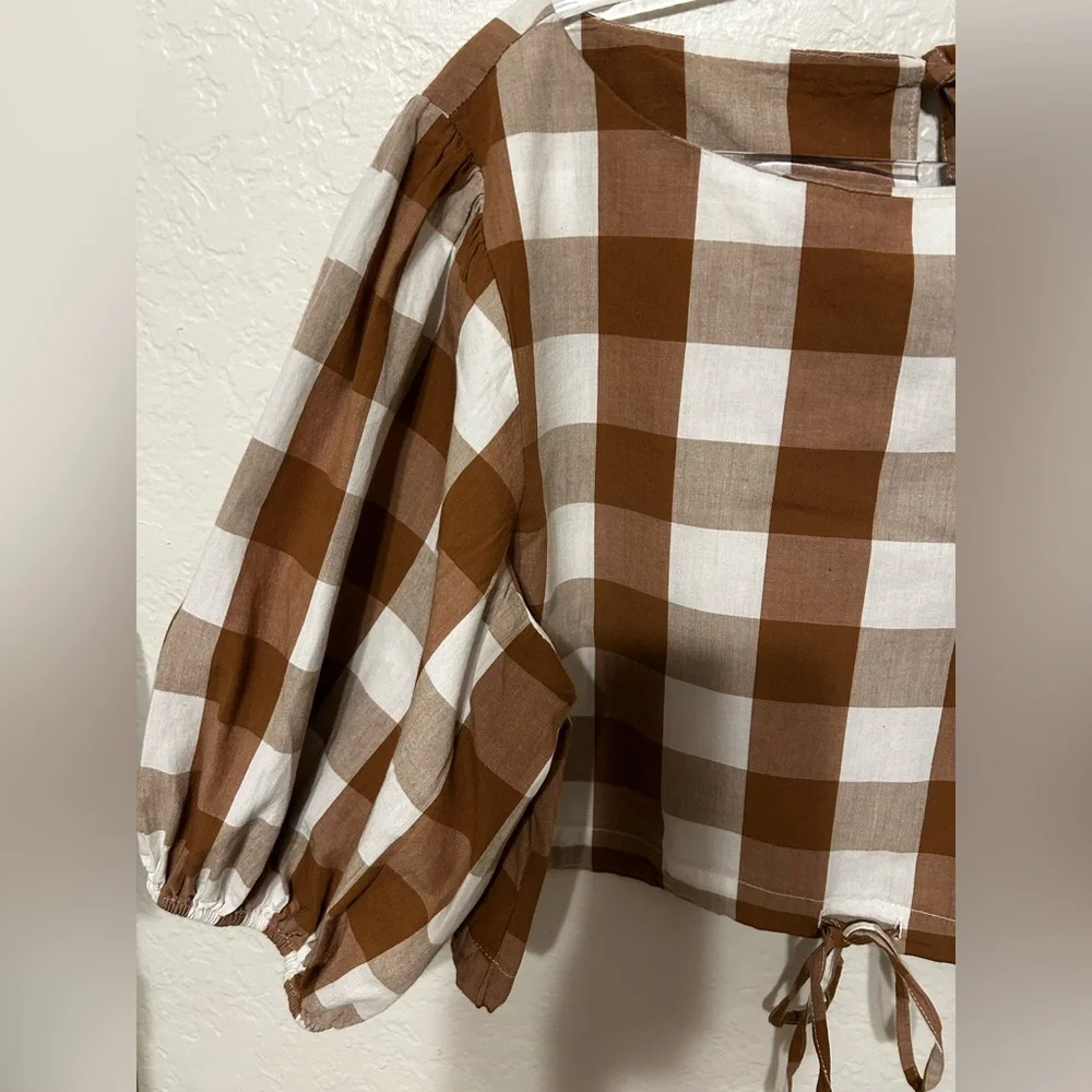 🛼Anthropologie WHIT TWO Gingham Brown and White Checkered Top size S GUC..